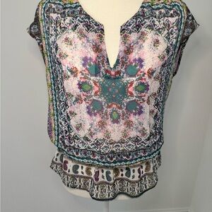 Daniel Rainn Teal, Purple & Green Medallion Print Cap-Sleeve Blouse